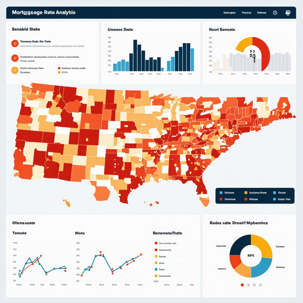 Data dashboard showing predictive mortgage rate analytics with Tennessee map and real estate icons