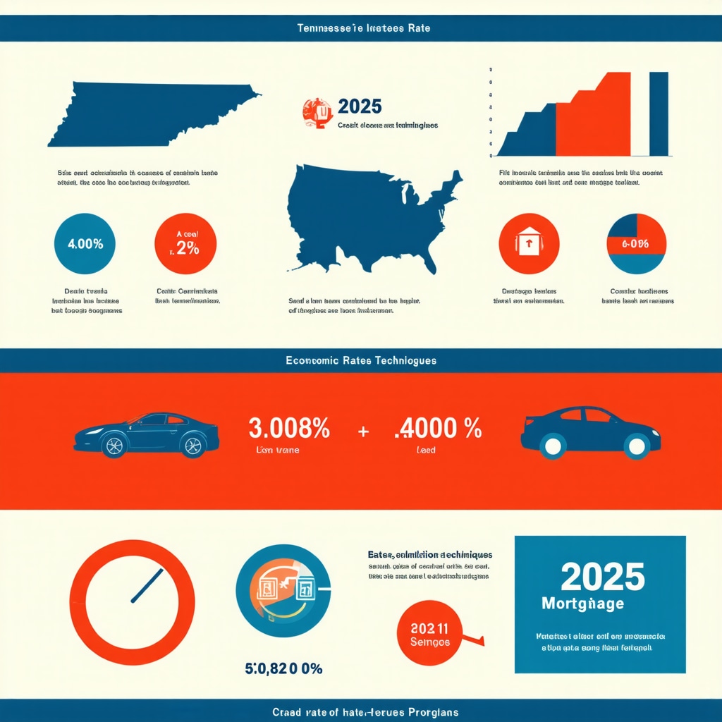 Infographic showing economic factors, credit tips, and loan programs affecting Tennessee mortgage rates in 2025