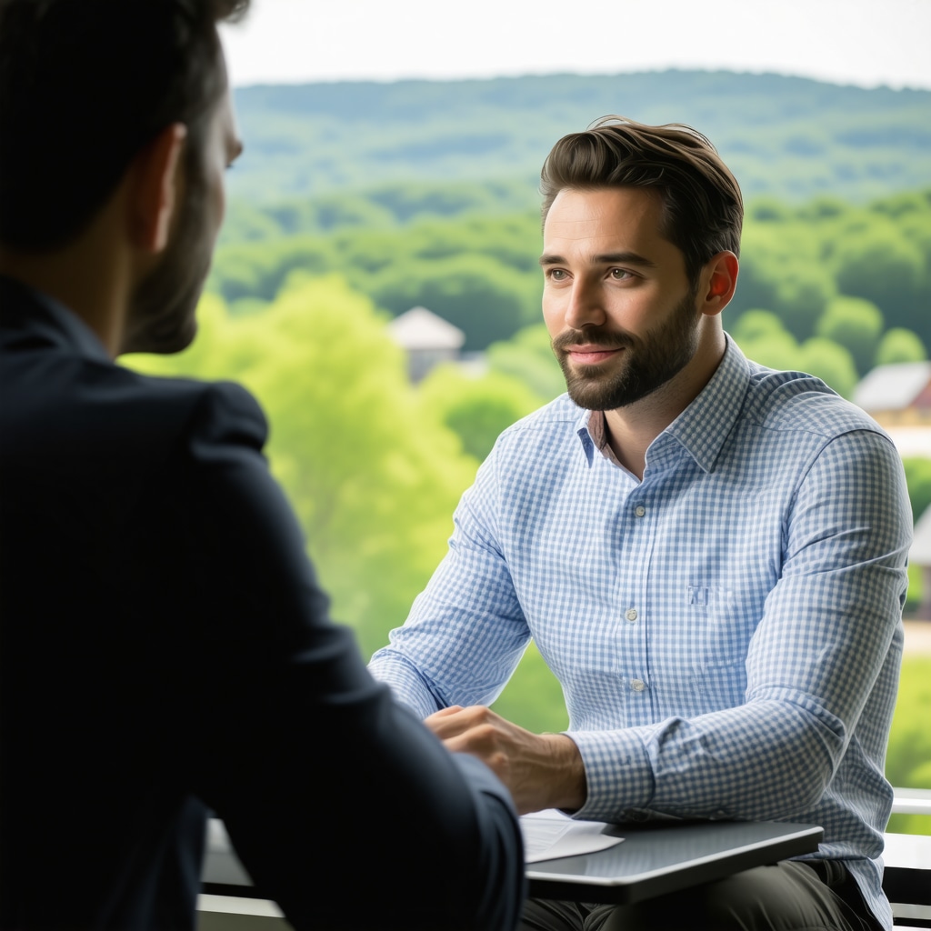 Mortgage advisor discussing FHA loan strategies with Tennessee homebuyer in front of scenic Tennessee landscape.