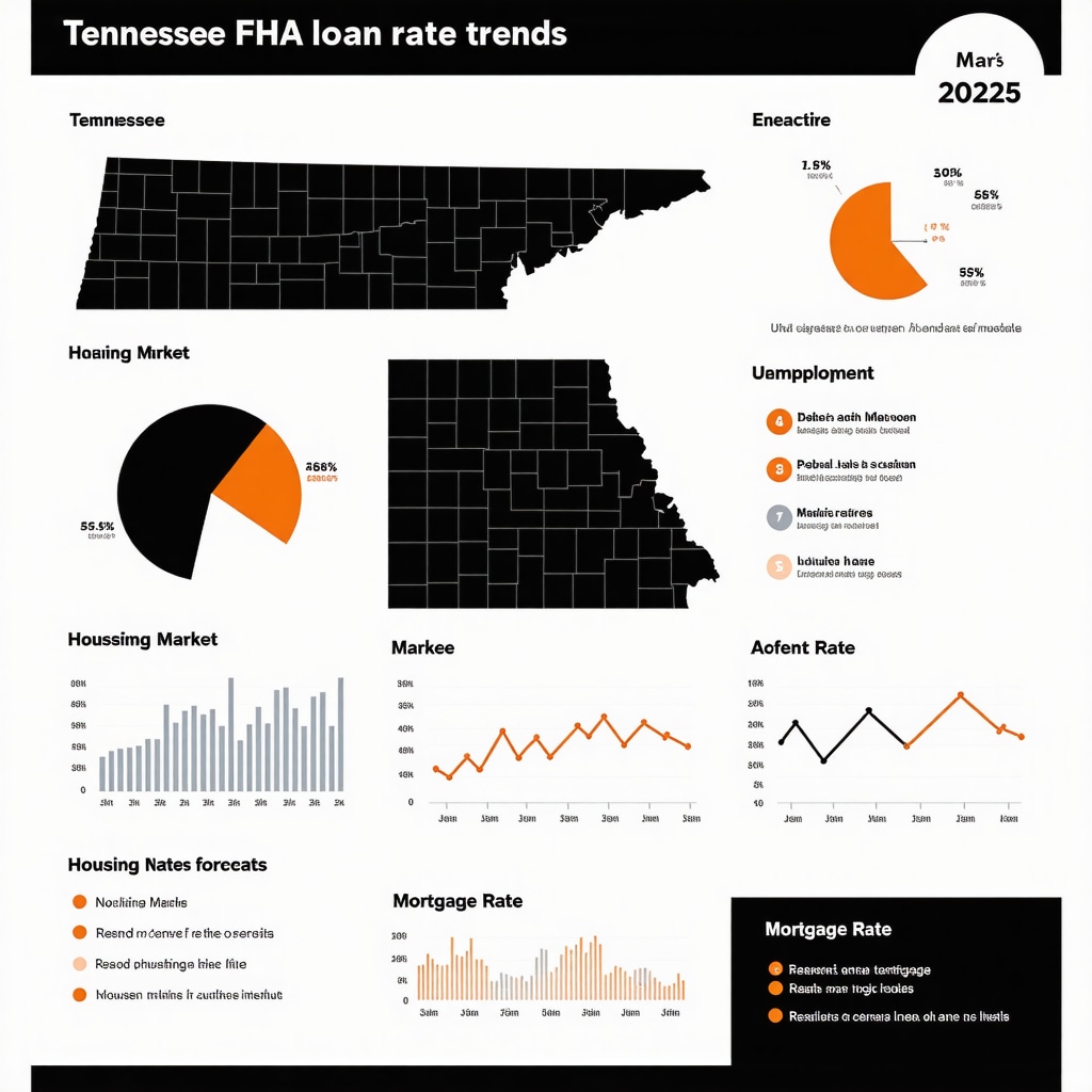 Infographic depicting FHA loan rate trends in Tennessee alongside economic indicators like unemployment and housing market indices for 2025