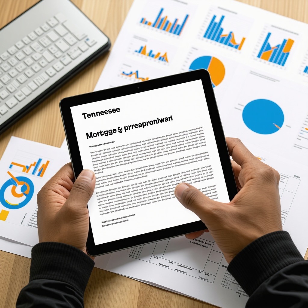 Tennessee homebuyer looking at digital mortgage preapproval on tablet with charts and maps