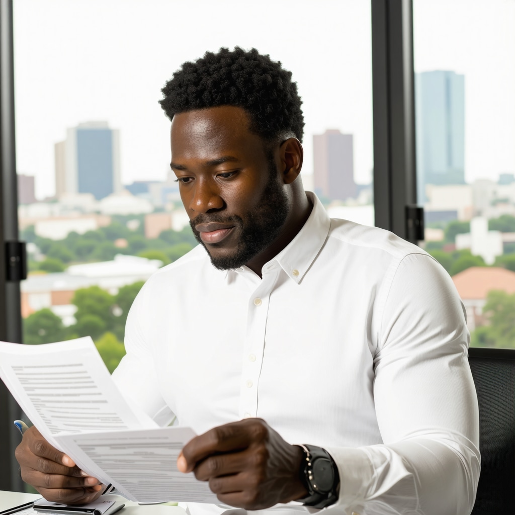 A person analyzing mortgage papers with Nashville skyline behind them.