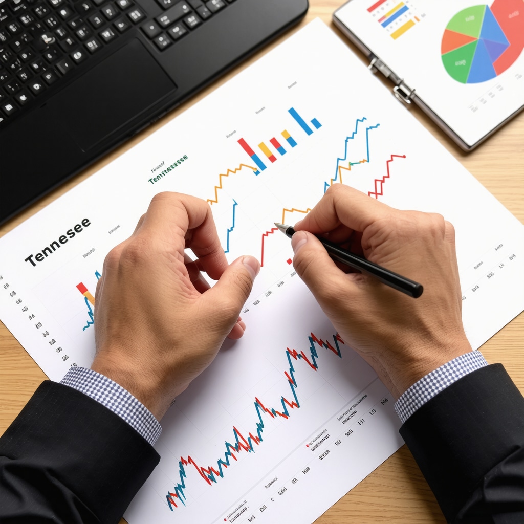 Investor analyzing Tennessee real estate market data with mortgage options and financial charts.