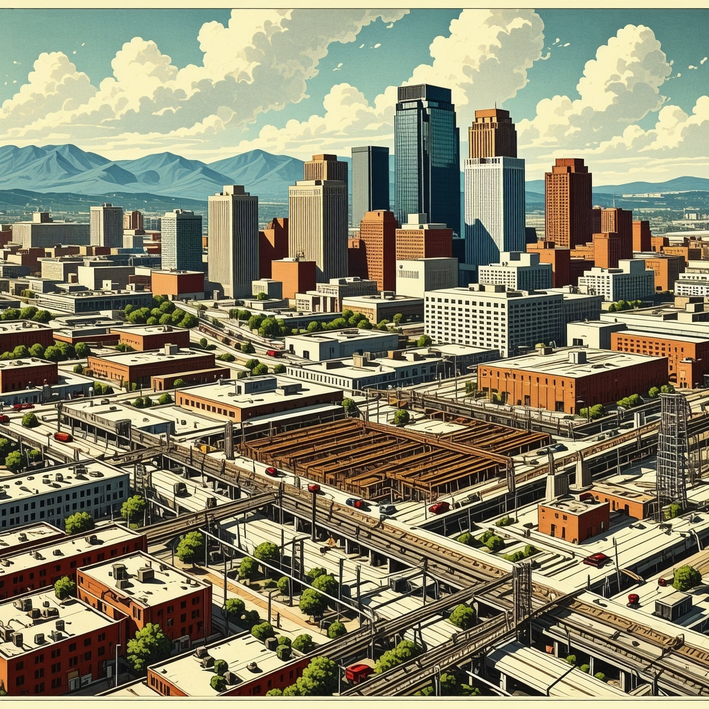 Cityscape of Tennessee with ongoing infrastructure projects, financial and tech elements, illustrating regional economic growth and mortgage trends