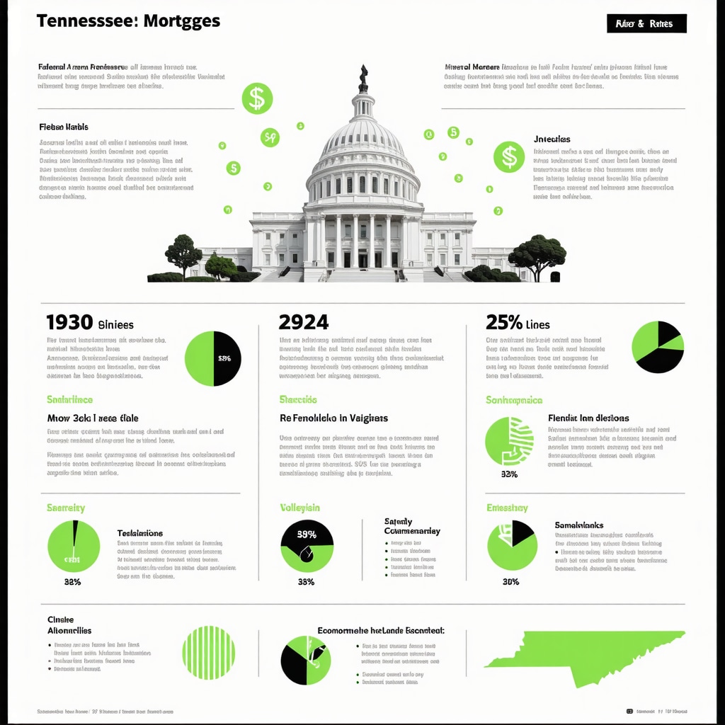Infographic showing factors influencing mortgage rates in Tennessee in 2025, including Fed policies, tech innovations, and regional economy.