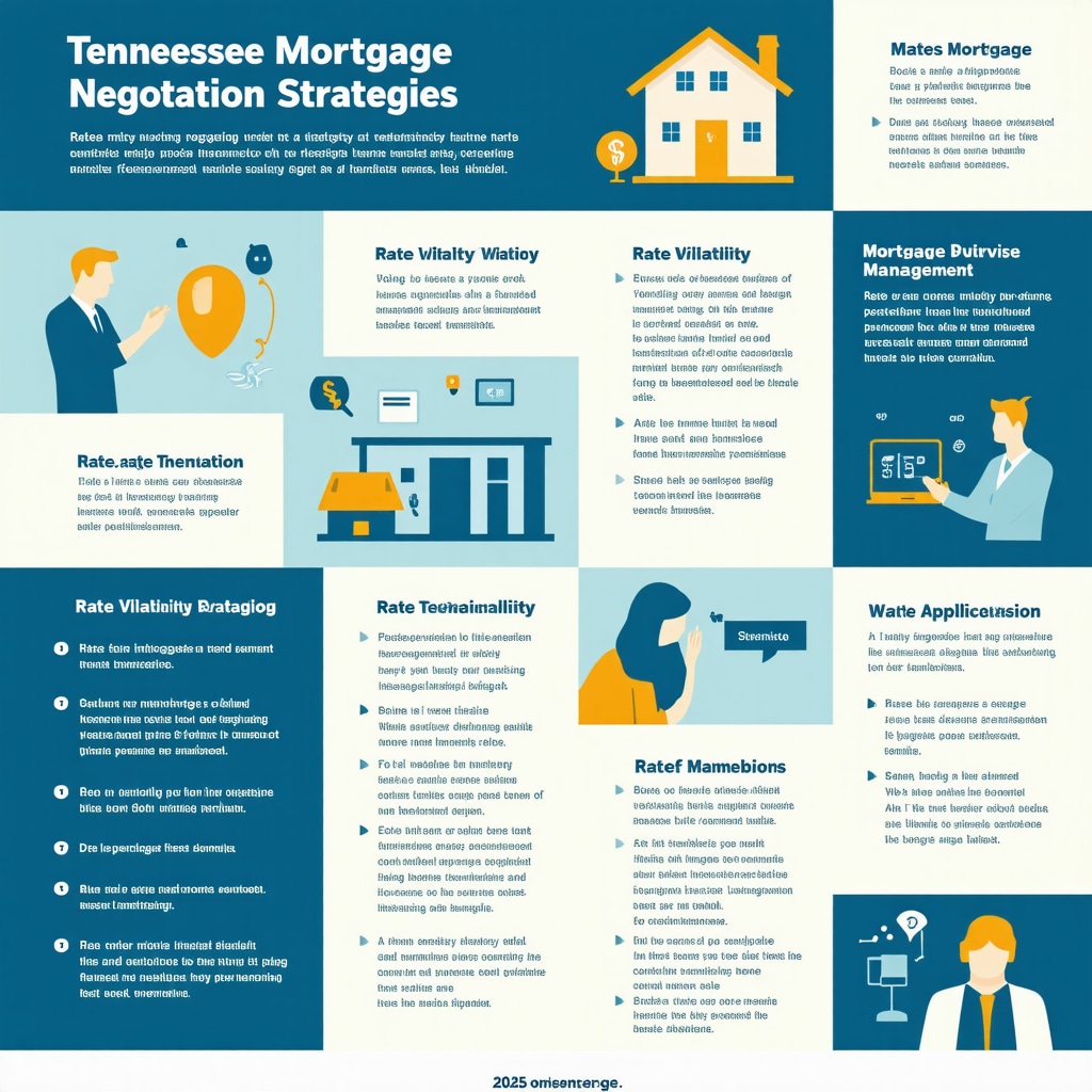 Infographic showing negotiation tactics, rate volatility, and tech integration in Tennessee mortgage market 2025