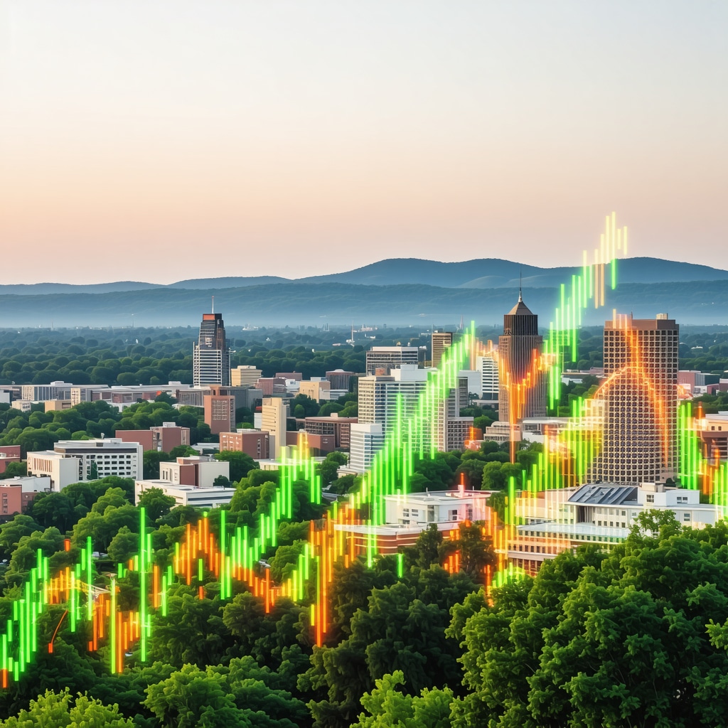 City skyline of Nashville and Memphis with mortgage rate graphs overlay, highlighting economic growth and rate fluctuations.