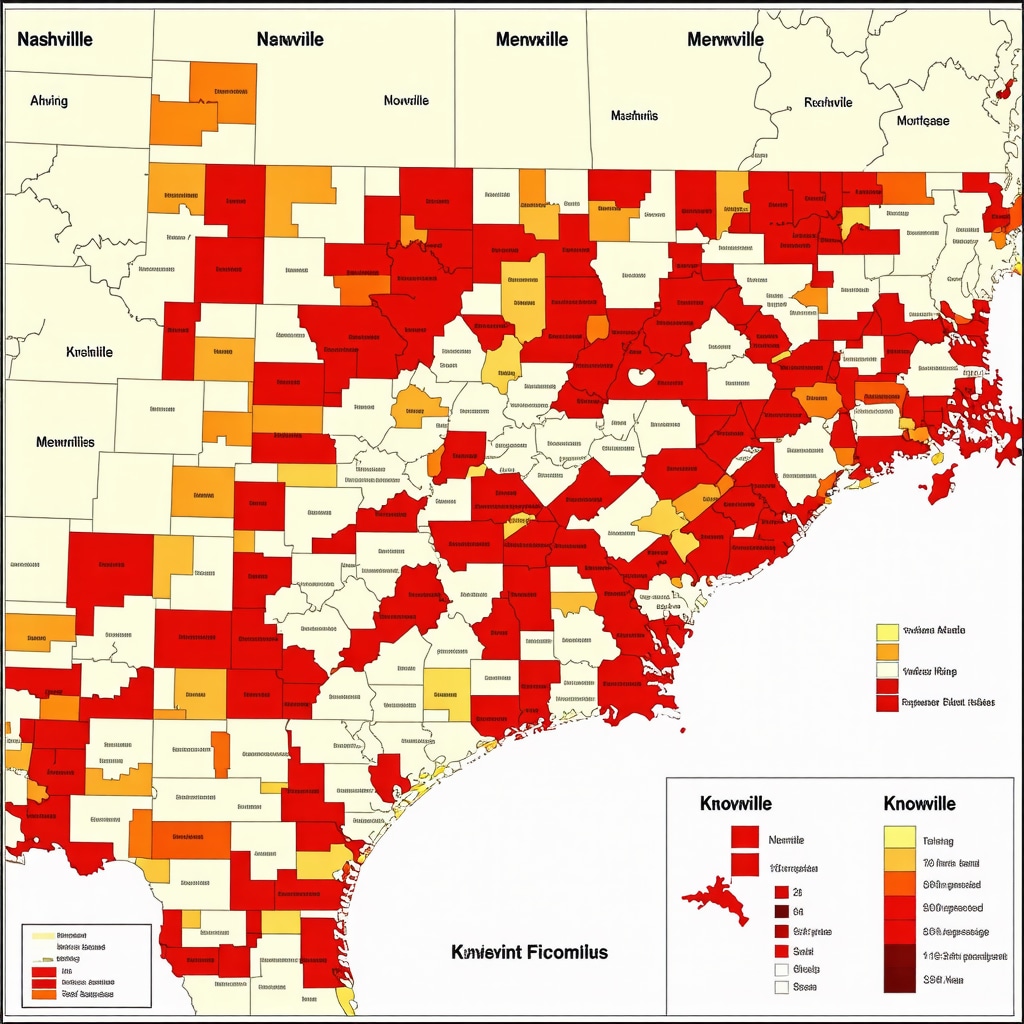Map of Tennessee regions with mortgage rate trends, economic zones, and data overlays for 2025
