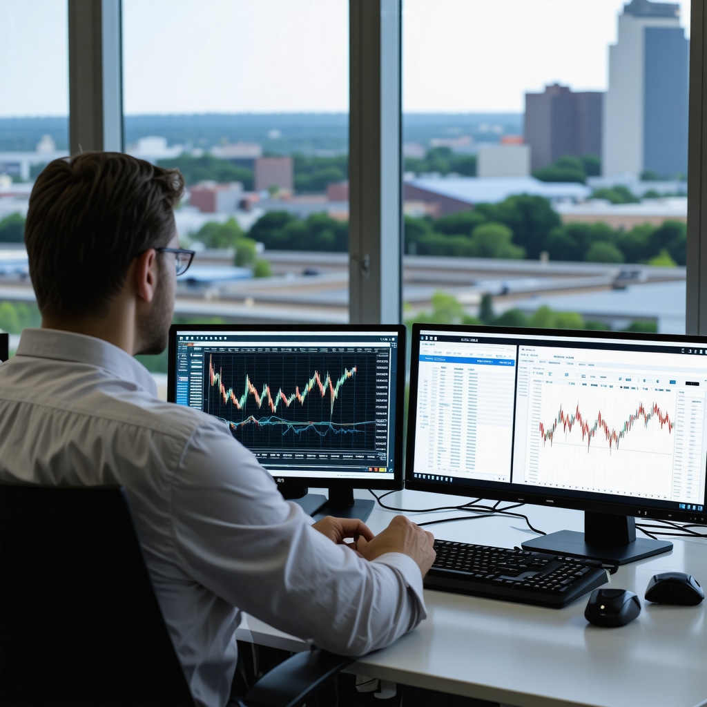 Financial analyst studying Tennessee housing market data with multiple screens and cityscape background