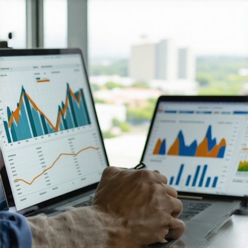 Analyzing Tennessee Mortgage Rate Trends A person studying mortgage rate graphs on a laptop with Tennessee cityscape.
