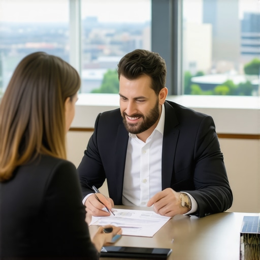 Expert mortgage consultation in Tennessee Homebuyer and financial advisor discussing mortgage options with Tennessee skyline