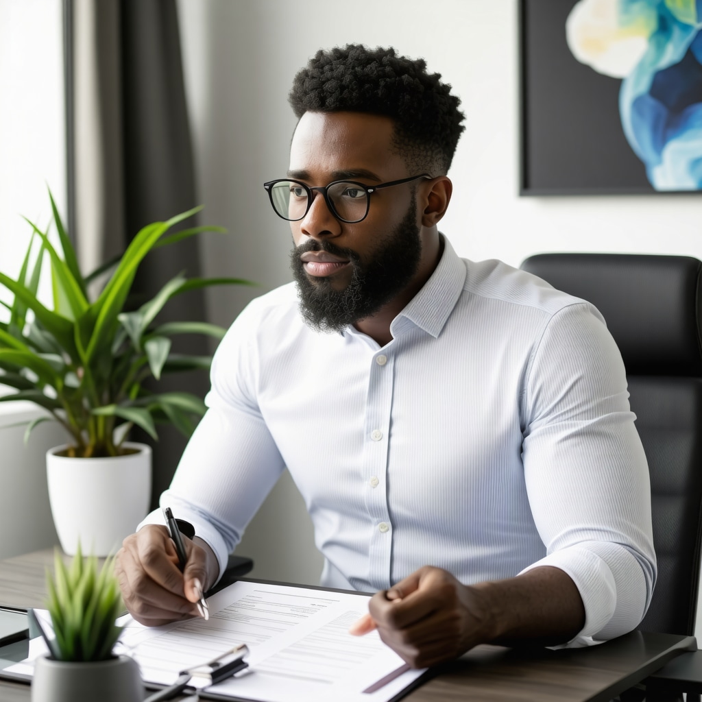 A person thoughtfully reviewing mortgage documents in a home office
