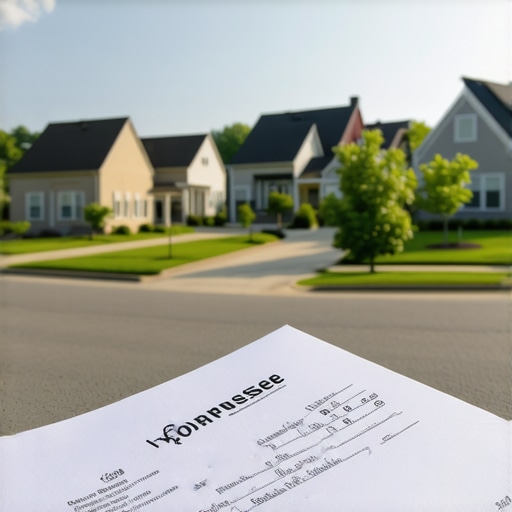 Tennessee Neighborhood and Mortgage Application A neighborhood in Tennessee with a mortgage document in the foreground