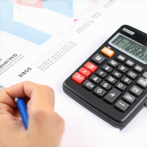 Person calculating mortgage interest with calculator and documents