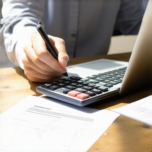 Person analyzing mortgage documents with calculator and laptop
