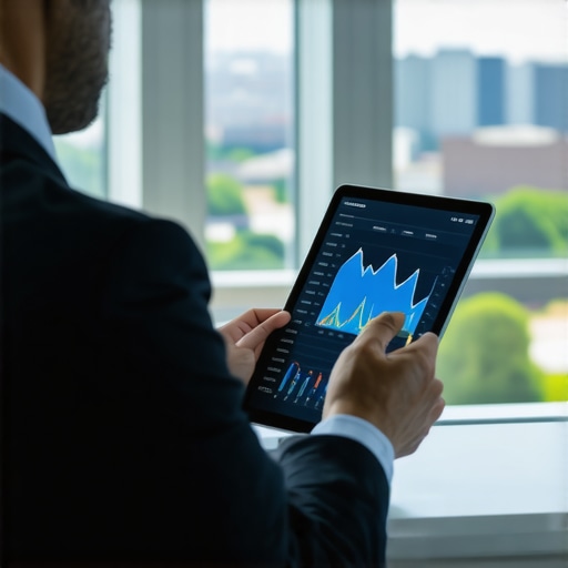 Mortgage advisor reviewing financial charts on a tablet with the Tennessee skyline in the background.