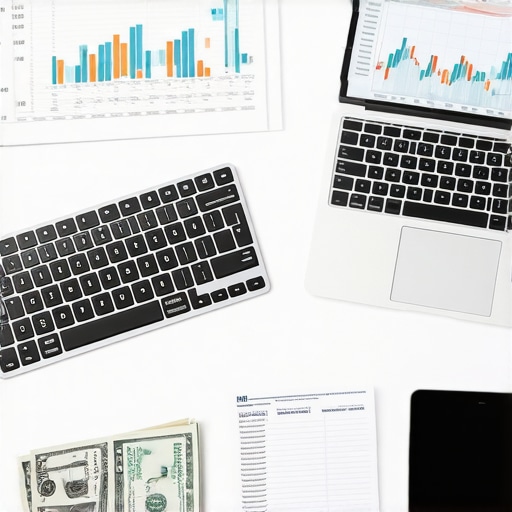 Mortgage Management Tools in Action Laptop displaying mortgage interest rate graphs with financial documents