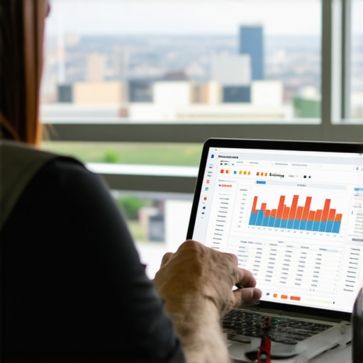 Analyzing Mortgage Data in Tennessee Individual reviewing mortgage spreadsheets on a laptop with Tennessee city skyline