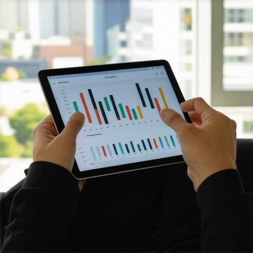 Analyzing Mortgage Data in Tennessee Person reviewing mortgage graphs on digital device with cityscape