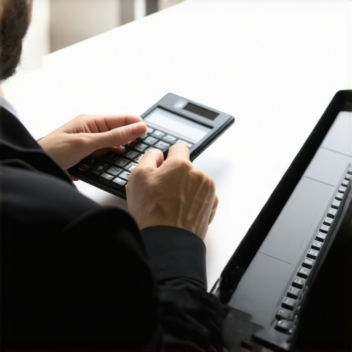 Person reviewing mortgage documents with calculator and laptop.