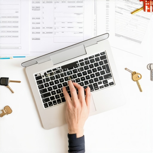 Homebuyer analyzing mortgage options on laptop with keys and paperwork