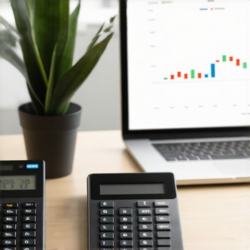 Home Office: Mortgage Tools in Action A home office workspace with mortgage calculator, credit report, and laptop showing mortgage market trends