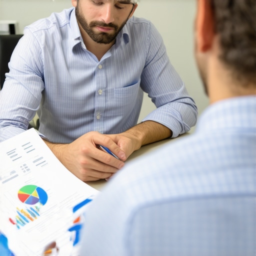 A couple discussing mortgage options with a broker at a desk, reviewing financial documents and rates