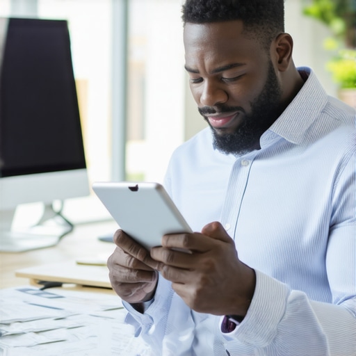 Homeowner Using Mortgage Tools A person analyzing mortgage documents and financial tools on a tablet inside their home.