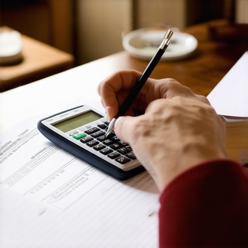 Homeowner analyzing mortgage papers and calculator during refinancing process.