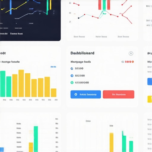 A modern digital dashboard displaying mortgage interest graphs, calculators, and market alerts for homeowners.