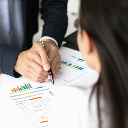 A mortgage advisor explaining loan options to a couple with financial documents and charts.