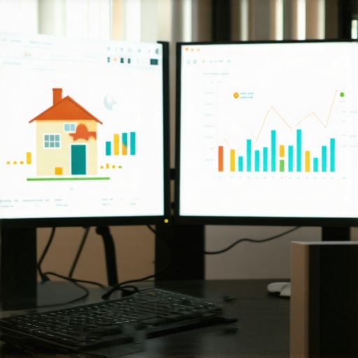 Homeowner monitoring mortgage rates and credit scores on dual monitors for mortgage maintenance