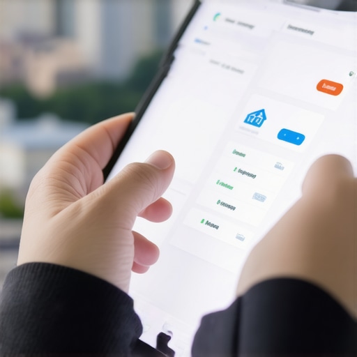 Person reviewing financial app on tablet with Tennessee cityscape behind, representing mortgage tools