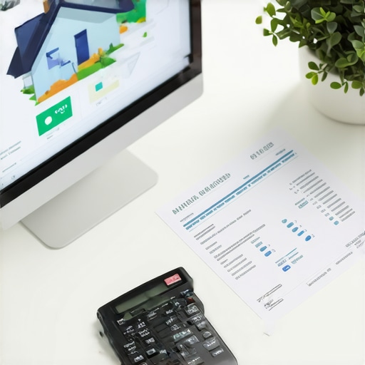 Mortgage Management Tools in Action Home office with mortgage software on the computer showing rate trends and financial documents.