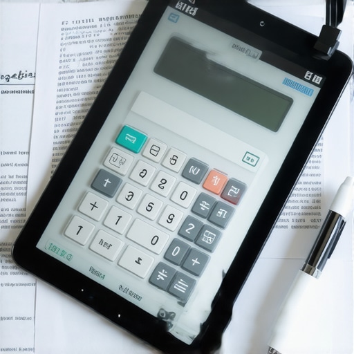 Mortgage Management Tools in Action Hands using a tablet with mortgage calculator on screen, with papers and pen on a home office desk.