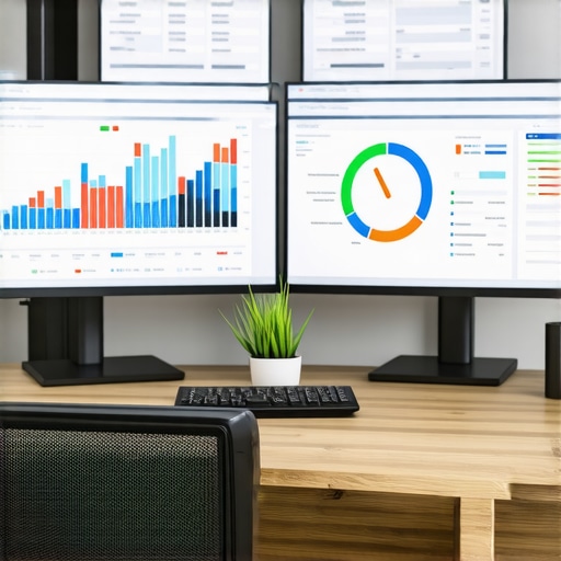 Photo of a workspace with screens showing mortgage rates and financial data.