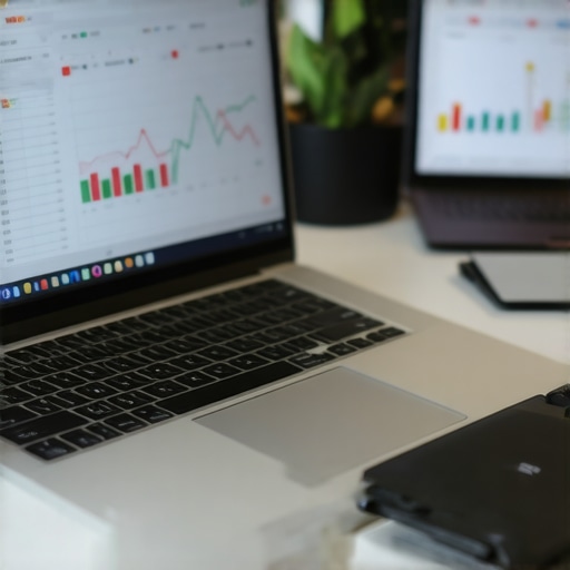 Laptop showing financial and mortgage management software with graphs and spreadsheets