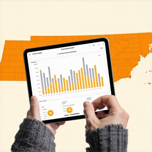 Person reviewing mortgage rate trends on a digital device, Tennessee map in background.
