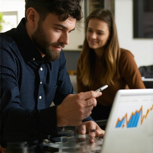 Mortgage broker explaining mortgage options to young couple with rate charts on laptop