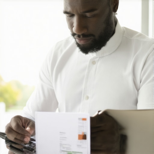 A person analyzing mortgage documents on a laptop with a calculator, symbolizing mortgage payment planning.