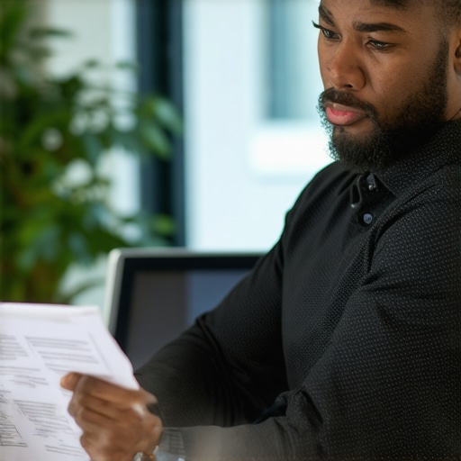 Self-employed individual analyzing mortgage paperwork with a lender in an office