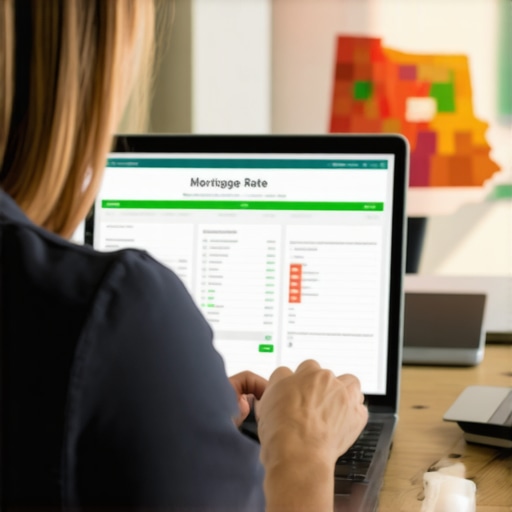 Person analyzing mortgage rate sheets on a laptop with Tennessee map in background.