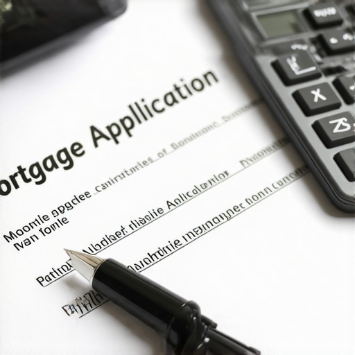 Person filling out a mortgage application form with a calculator and pen on desk.