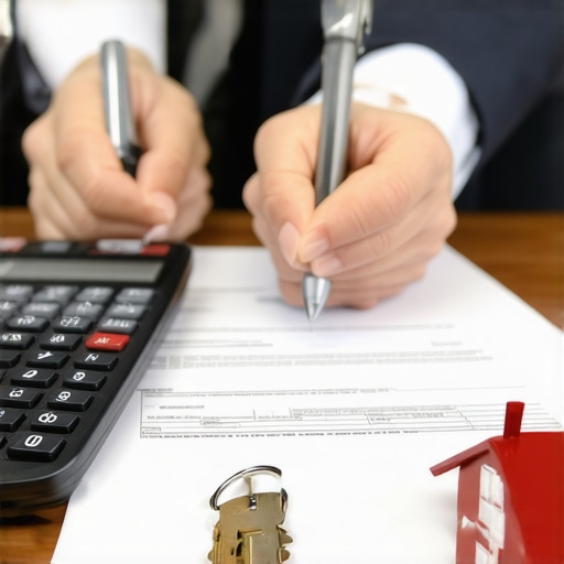 Person signing mortgage documents with lender, calculator, and house keys on table.