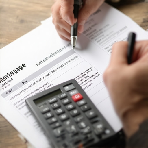 Person analyzing mortgage paperwork and calculator for refinancing