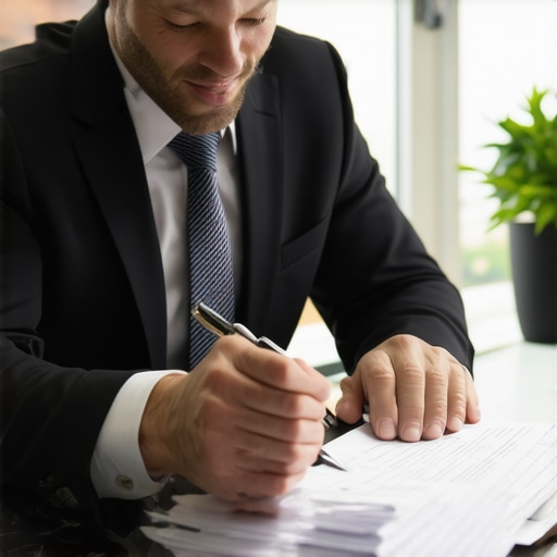 Mortgage broker explaining fees to a homebuyer with loan documents on the table.