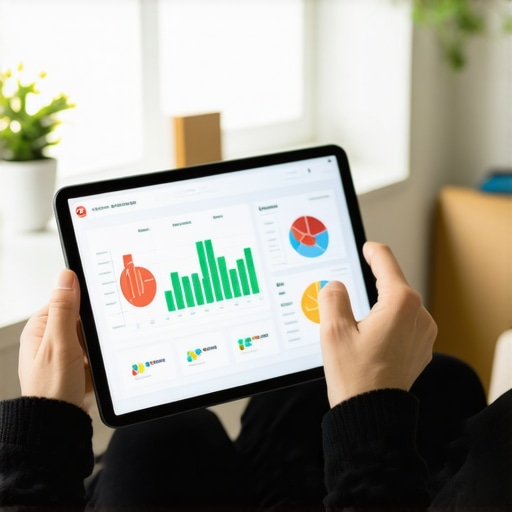 Person monitoring mortgage trends on a digital tablet in a home office.