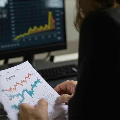 Homebuyer and broker discussing mortgage options with rate trend graphs